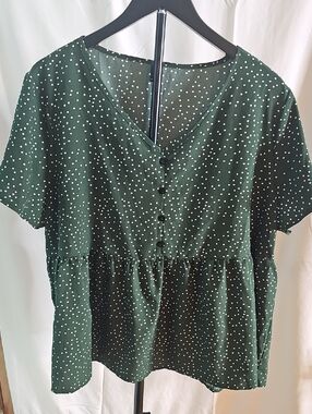 Women’s Dark Green Polka Dot V-Neck Peplum Top